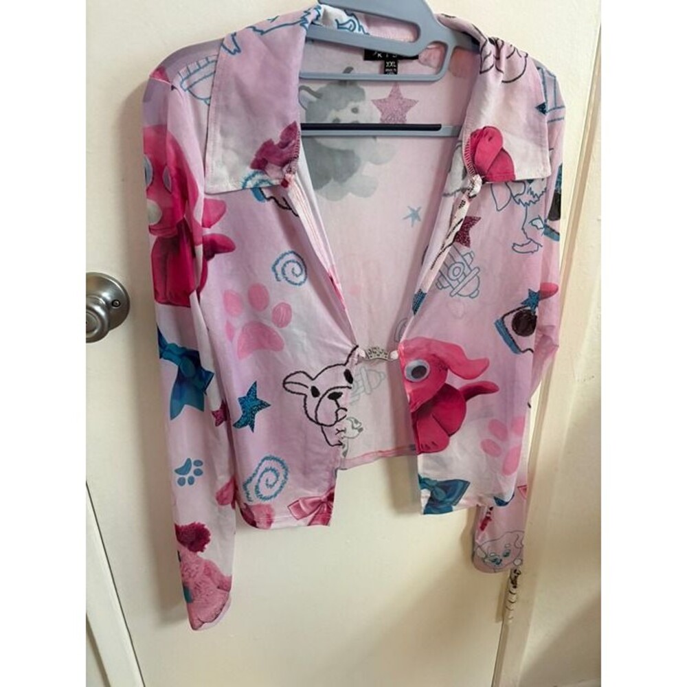 Generation Kiss Y2K Puppy Print Mesh Hook-Front Cardigan Top